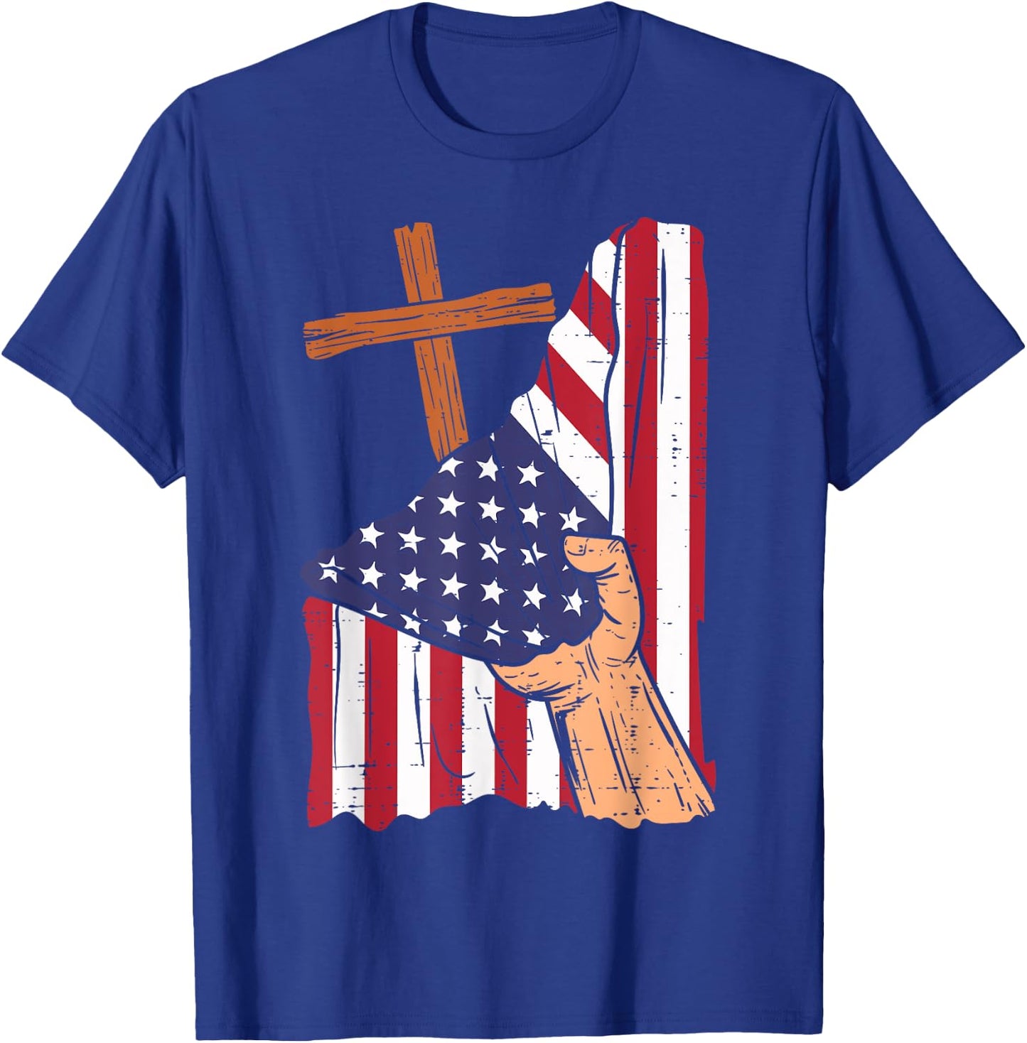 Cross Behind US Flag Religious God Jesus Patriotic Christian T-Shirt - T-Shirt | Royal