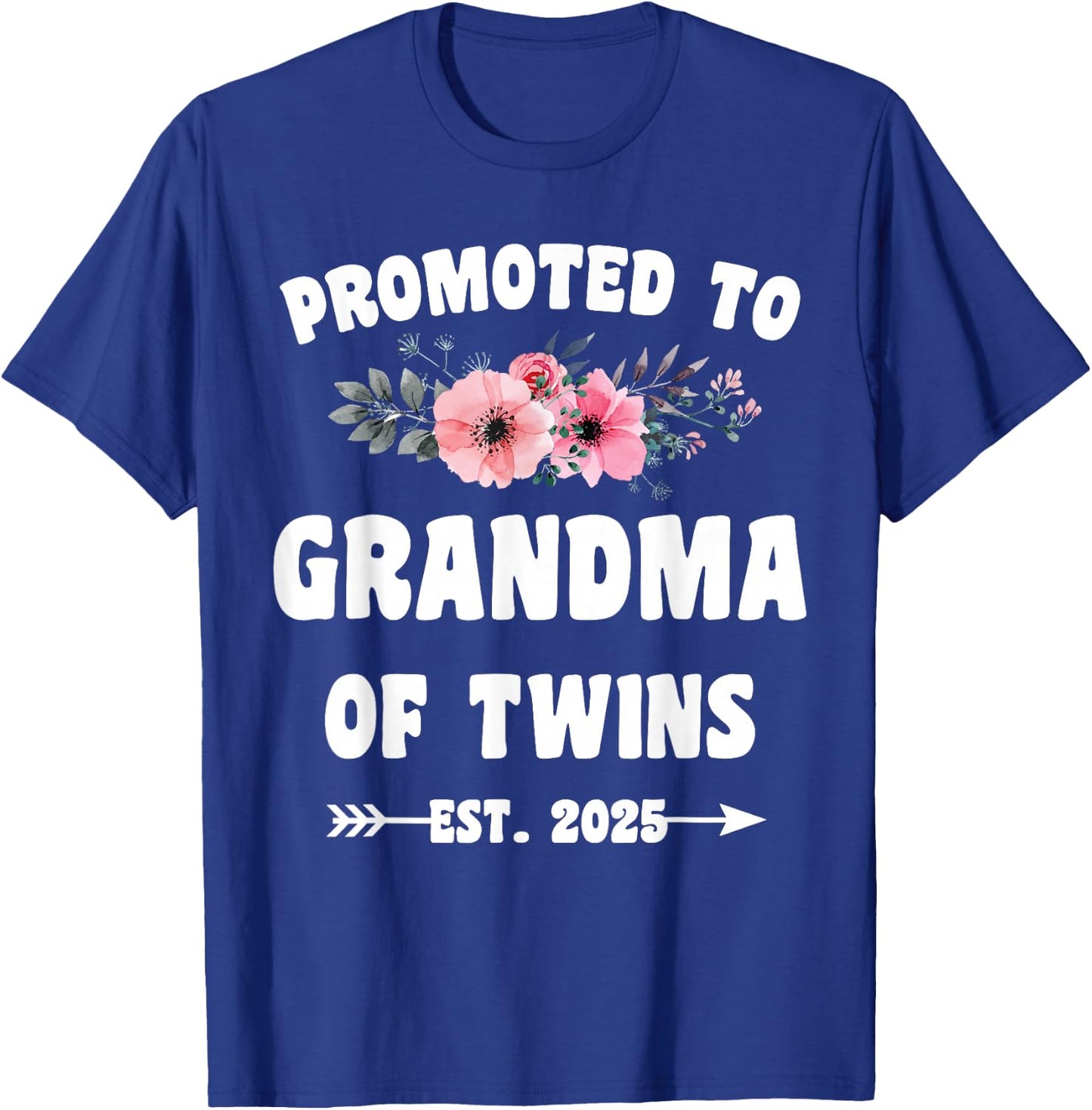 Promoted To Grandma Of Twins Est 2025 Pregnancy Announcement Black Women's Modern Casual Short Sleeve T-Shirt - T-Shirt | Royal