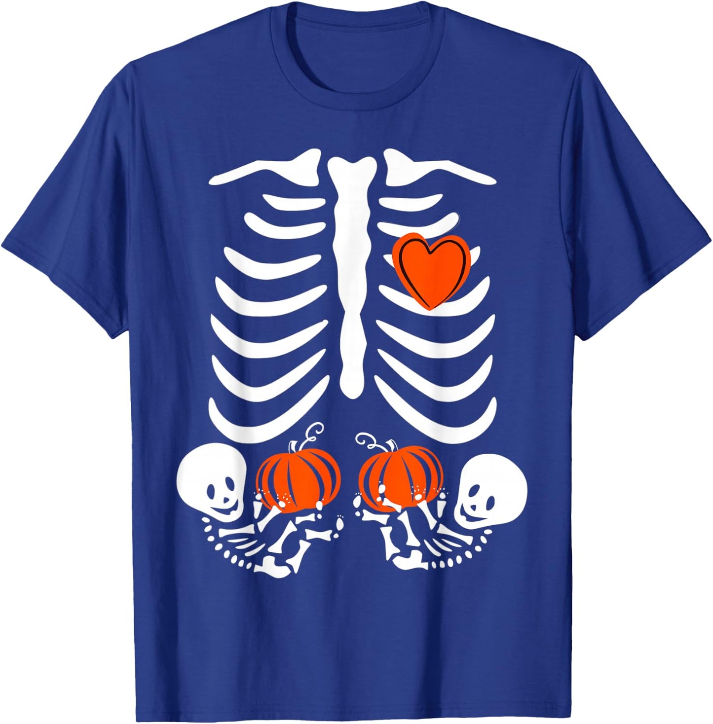 Pregnant Skeleton Twin Pregnancy Halloween Baby Announcement T-Shirt - T-Shirt | Royal