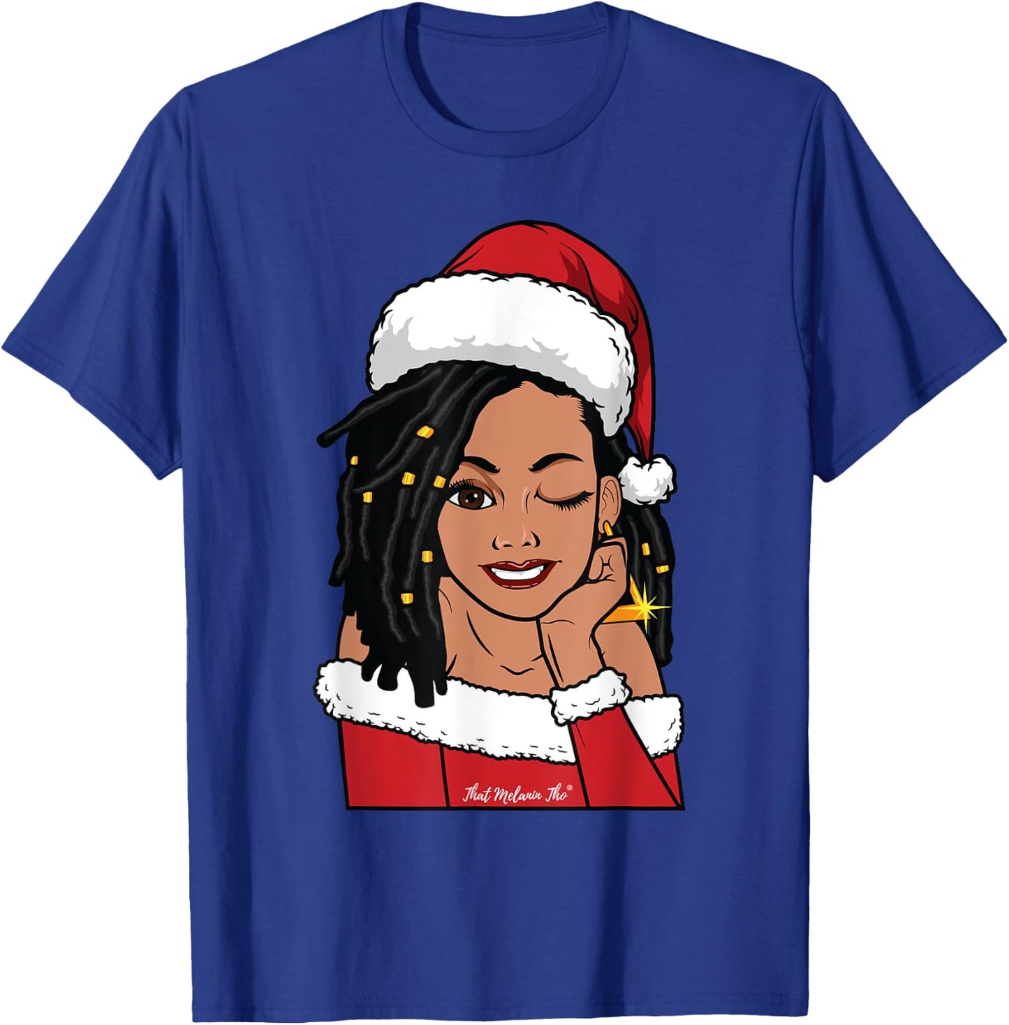 Black Mrs. Claus Locs Winking African American Christmas T-Shirt - T-Shirt | Royal