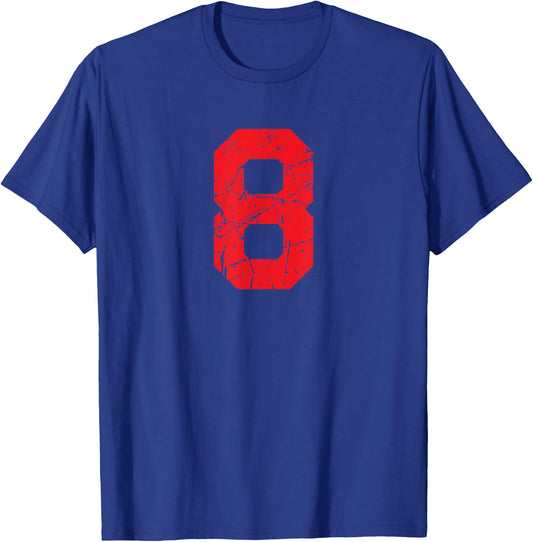 Number #8 Sports Red Distressed Plain Number T-Shirt - T-Shirt | Royal