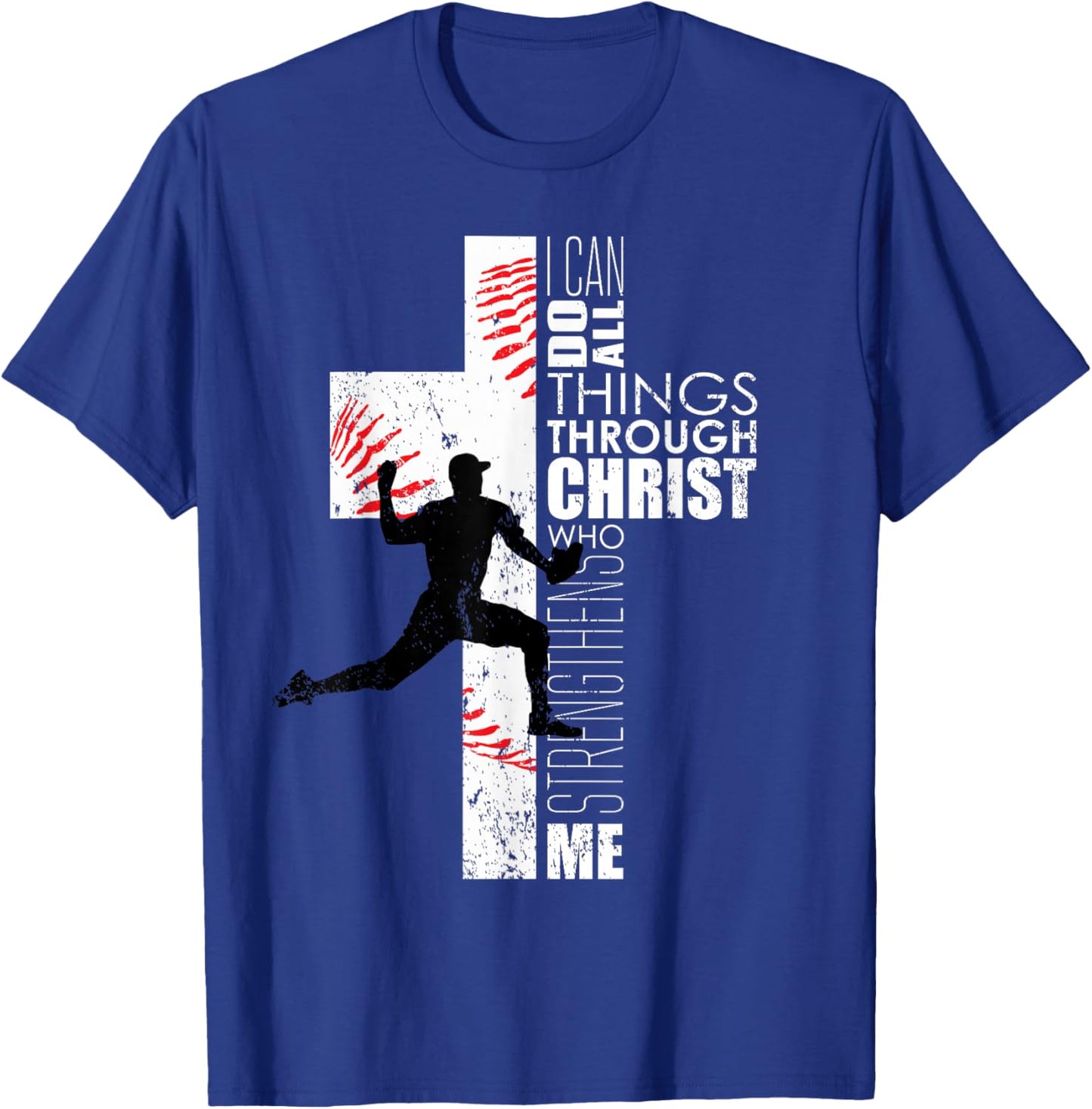 Christian Bible Verse Cross Men Boys Baseball Pitcher T-Shirt - T-Shirt | Royal