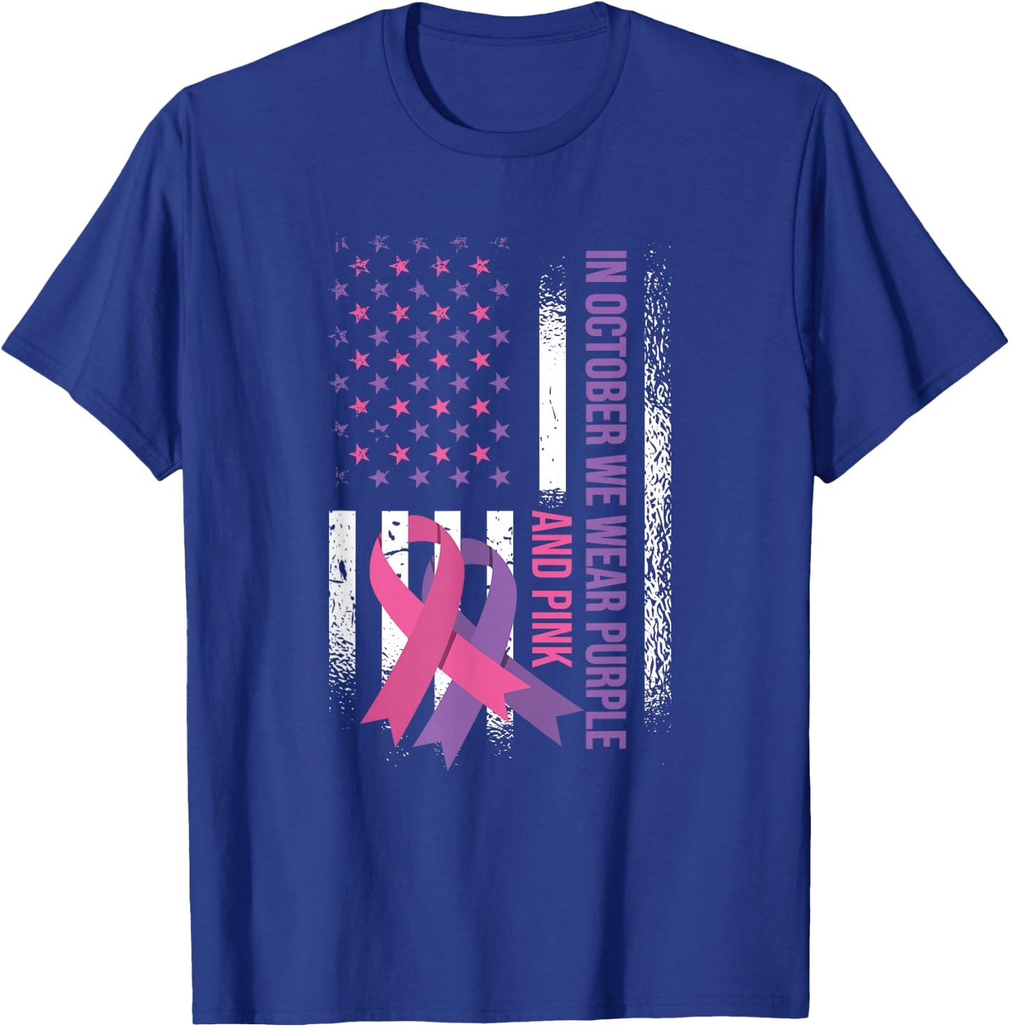 American Flag Breast Cancer and Domestic Violence Awareness T-Shirt - T-Shirt | Royal