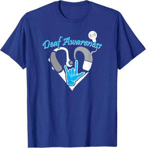 Deaf Awareness Hearing Aid ASL Cochlear Implant T-Shirt - T-Shirt | Royal