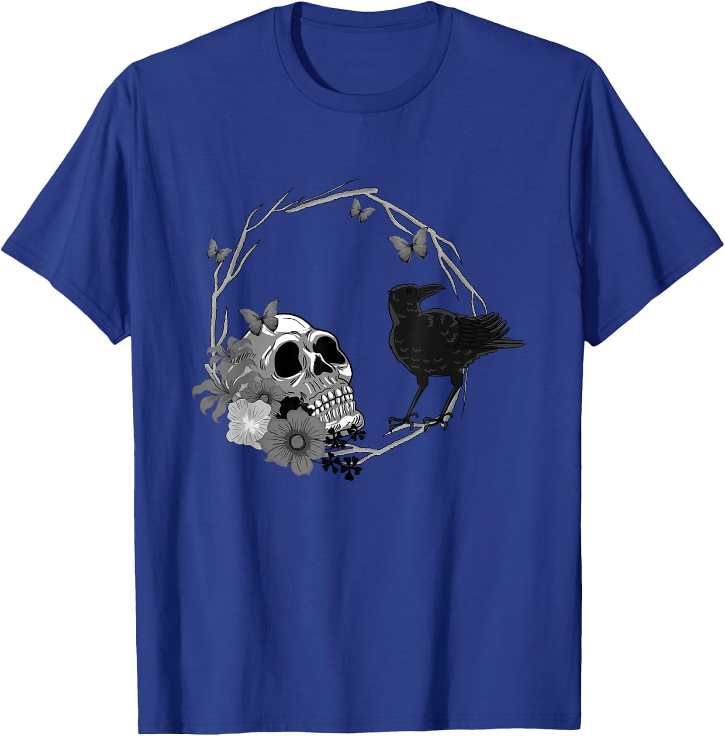 Floral Skull Death Crow Cool Scary Halloween Gothic Theme T-Shirt - T-Shirt | Royal