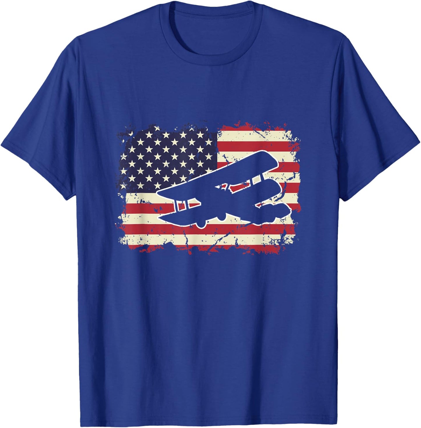 Biplane US Flag Patriotic American Aircraft Airplane Pilot T-Shirt - T-Shirt | Royal