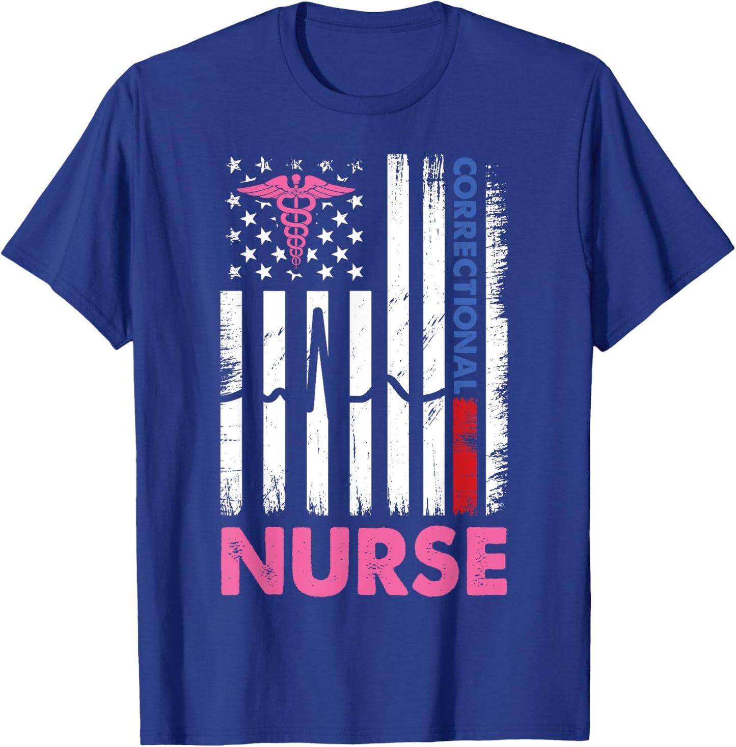 Funny Nurse Correctional American USA Flag Nurses heartbeat T-Shirt - T-Shirt | Royal