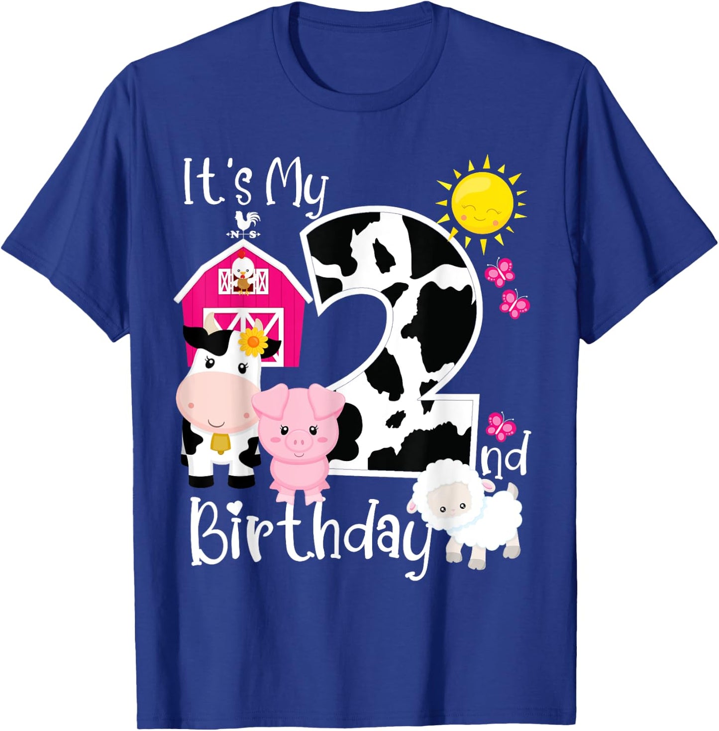 Farm Animals 2 Year Old It's My 2nd Birthday Party Bday Girl T-Shirt - T-Shirt | Royal