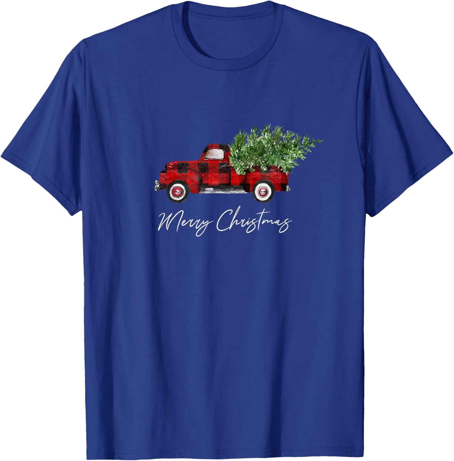 Merry Christmas Tree on Buffalo Plaid Truck T-Shirt - T-Shirt | Royal