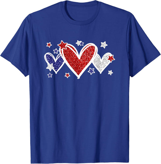 Cute Red White Blue Hearts And Stars For Patriotic Women T-Shirt - T-Shirt | Royal