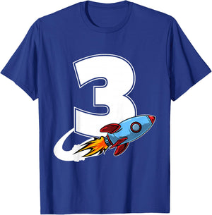 Outer Space 3 Year Old 3rd Birthday Three Rocket Ship Party T-Shirt - T-Shirt | Royal