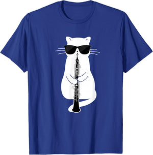 Cat wearing sunglasses playing Oboe T-Shirt - T-Shirt | Royal