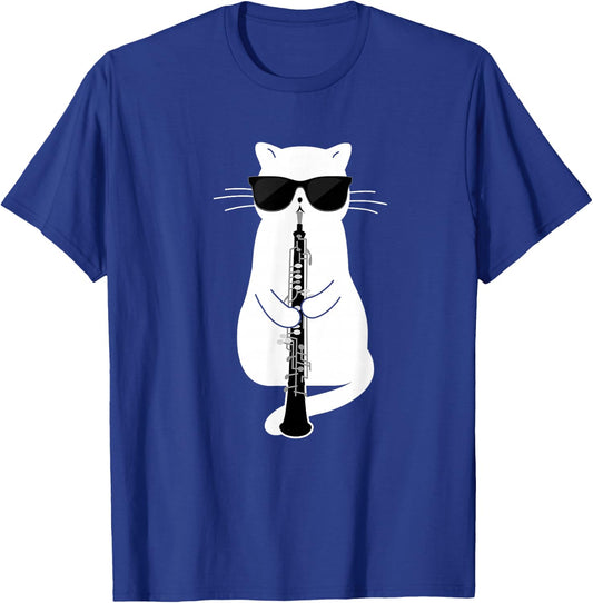 Cat wearing sunglasses playing Oboe T-Shirt - T-Shirt | Royal