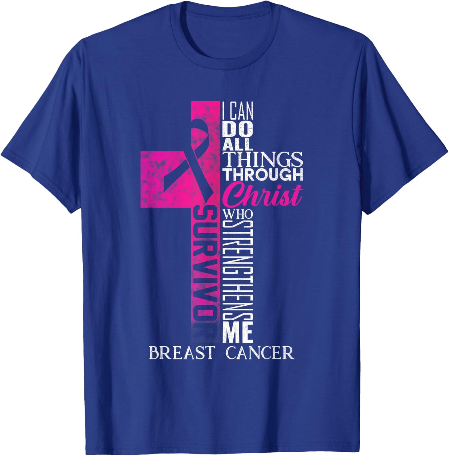 Pink Ribbon Breast Cancer Survivor Christian Cross T-Shirt - T-Shirt | Royal
