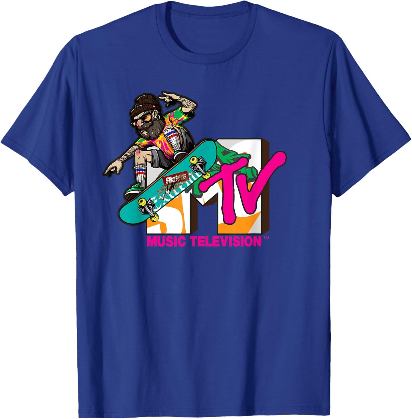 Mademark x MTV - The official MTV Logo with a hipster skater on his board T-Shirt - T-Shirt | Royal
