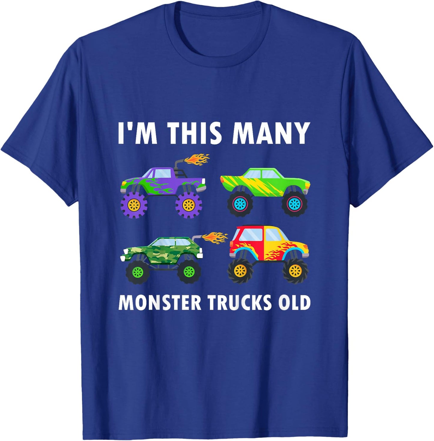 Kids 4 Years Old Boy Monster Trucks Old 4th Birthday Kids T-Shirt - T-Shirt | Royal