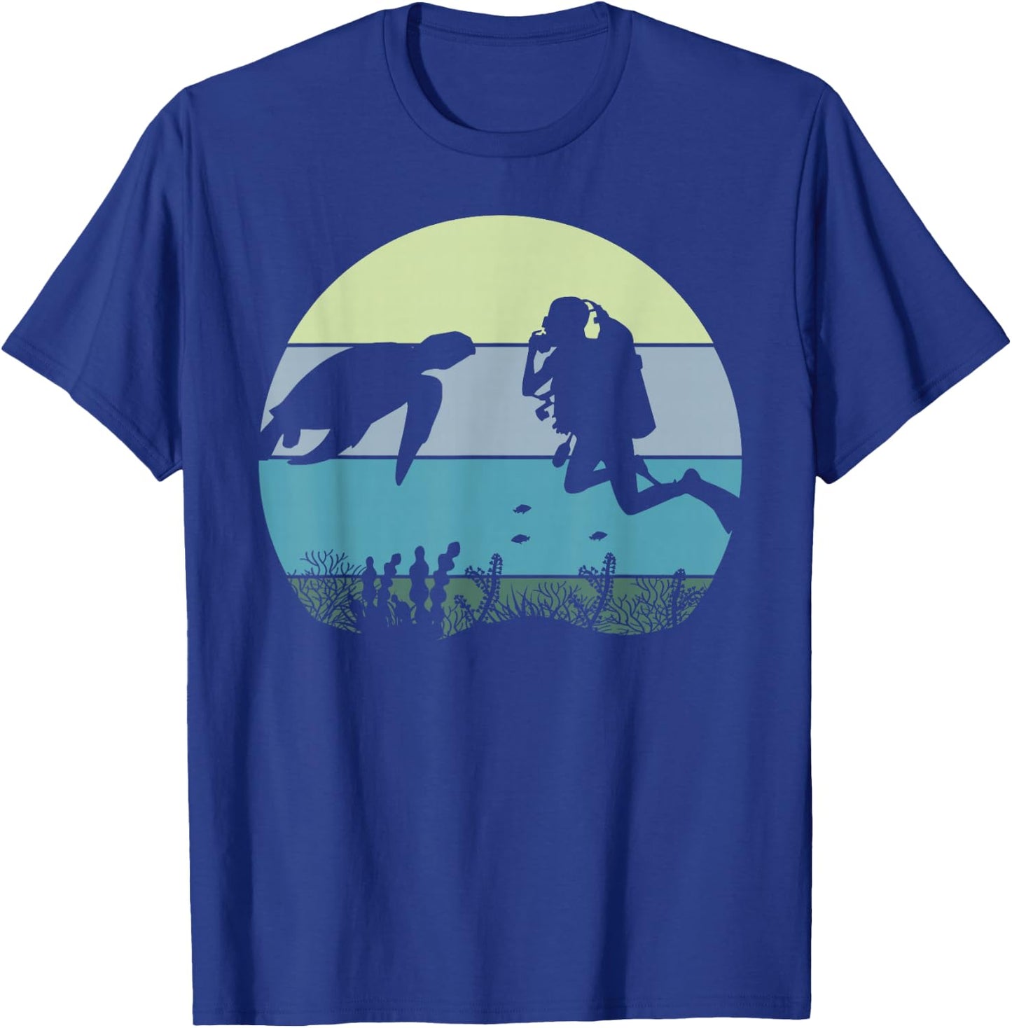 Scuba Diver Diving and Sea Turtle In The Blue Pacific Ocean T-Shirt - T-Shirt | Royal