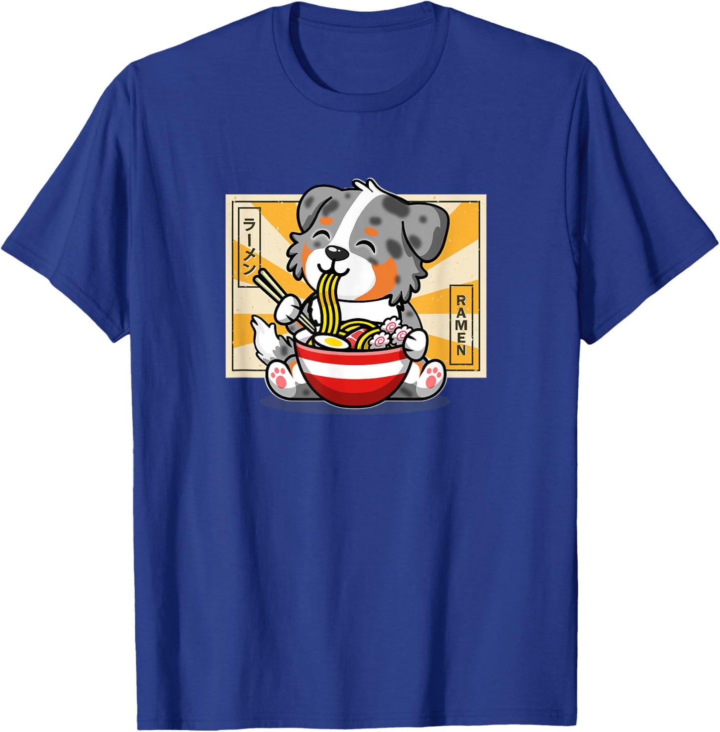 Funny Kawaii Kids Ramen Blue Merle Australian Shepherd Lover T-Shirt - T-Shirt | Royal