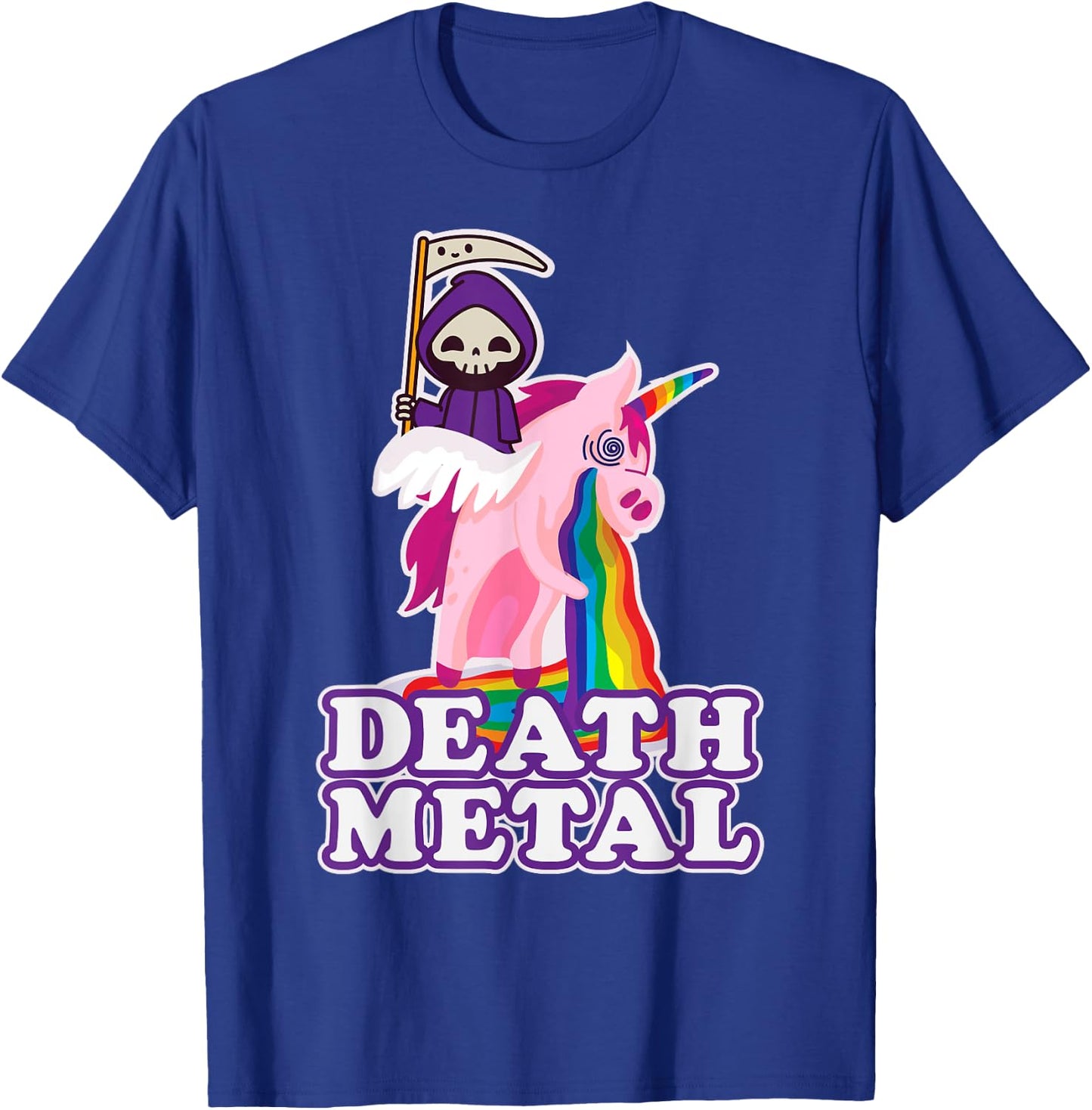 Funny Death Metal Grim Reaper Riding Unicorn Rainbow T-Shirt - T-Shirt | Royal