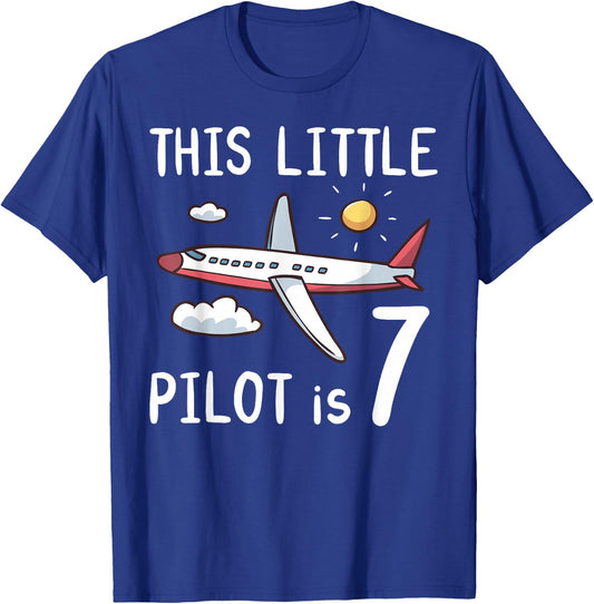 This Little Pilot is 7 Years Old Birthday Boy Girl Airplane T-Shirt - T-Shirt | Royal