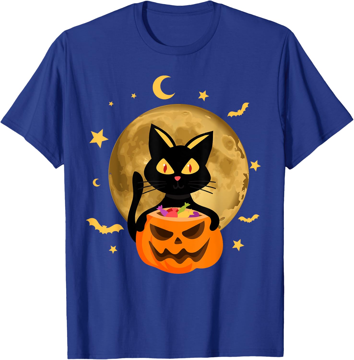 Halloween Black Cat Scary Pumpkin On the Moon Men Women Kids T-Shirt - T-Shirt | Royal