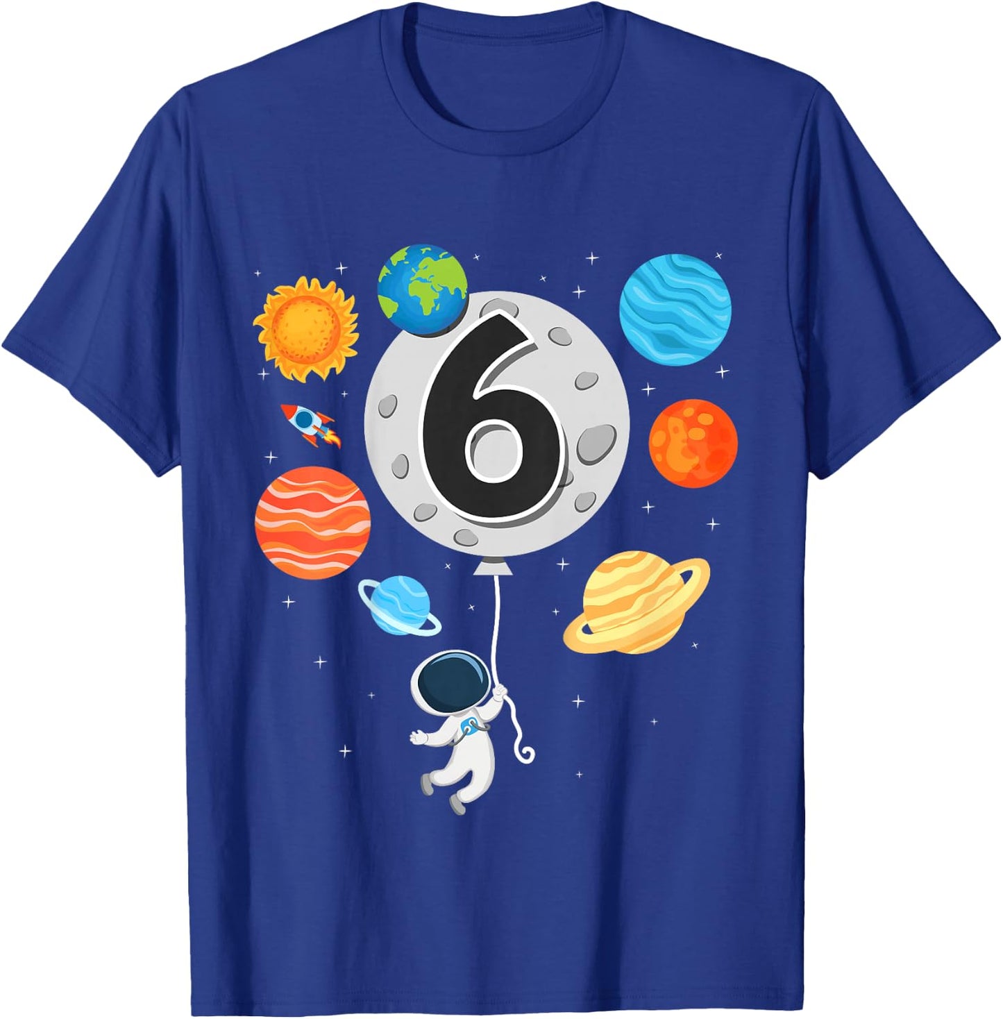 Kids 6th Birthday Astronaut Balloon Planet 6 Year Old Boy T-Shirt - T-Shirt | Royal