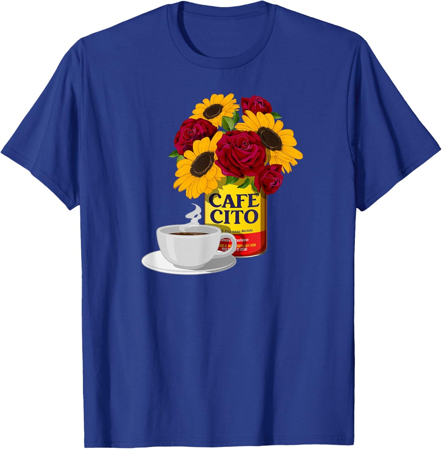 Cafecito and Confidence Cafe con Flores - -Adults, Black, Small, Short Sleeve, Classic Fit, Cotton Blend, Floral, Vacation, Classic, Unique Design T-Shirt - T-Shirt | Royal