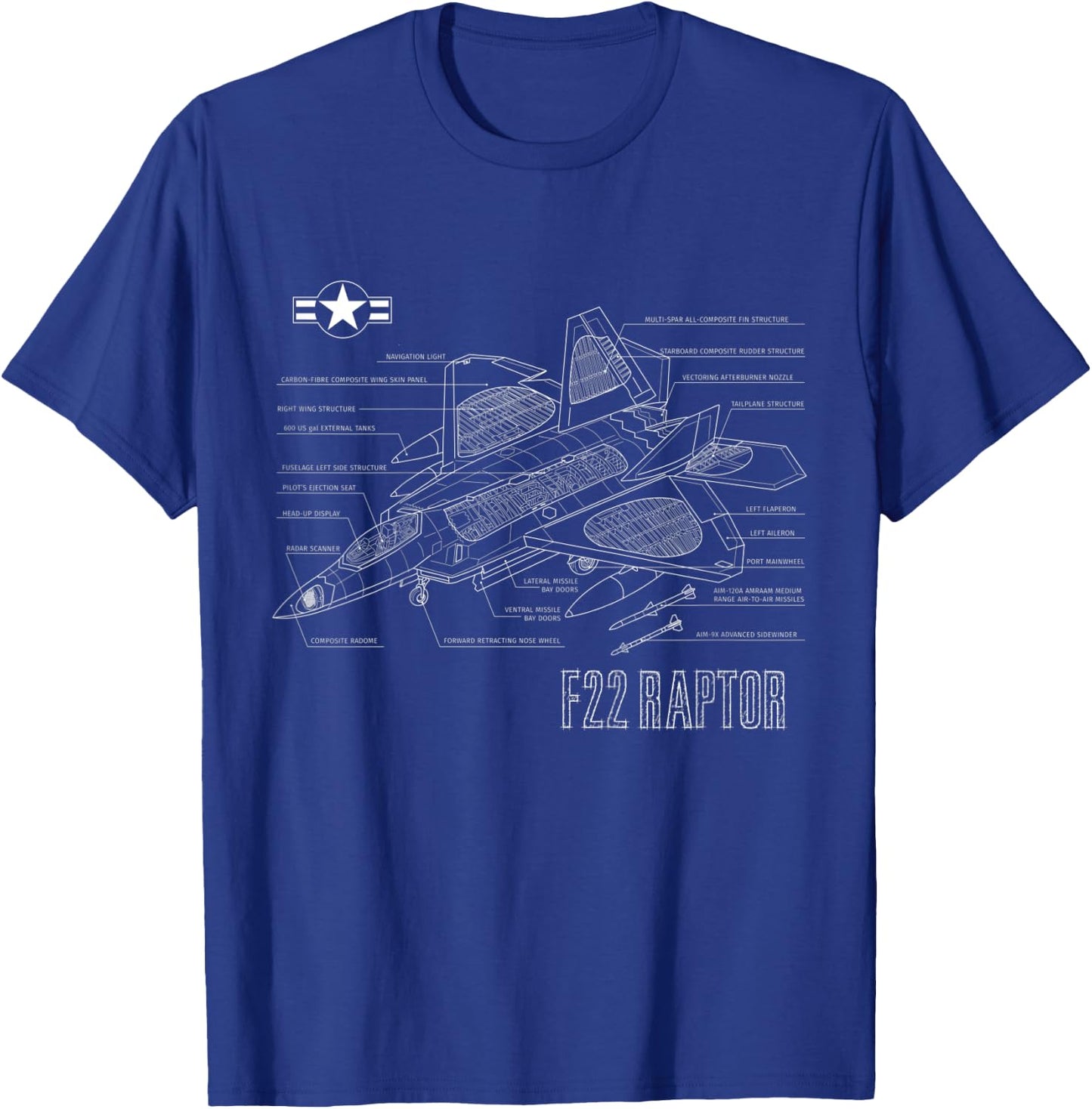 Kids American Aircraft Stealth Fighter F22 Raptor Blueprint T-Shirt - T-Shirt | Royal