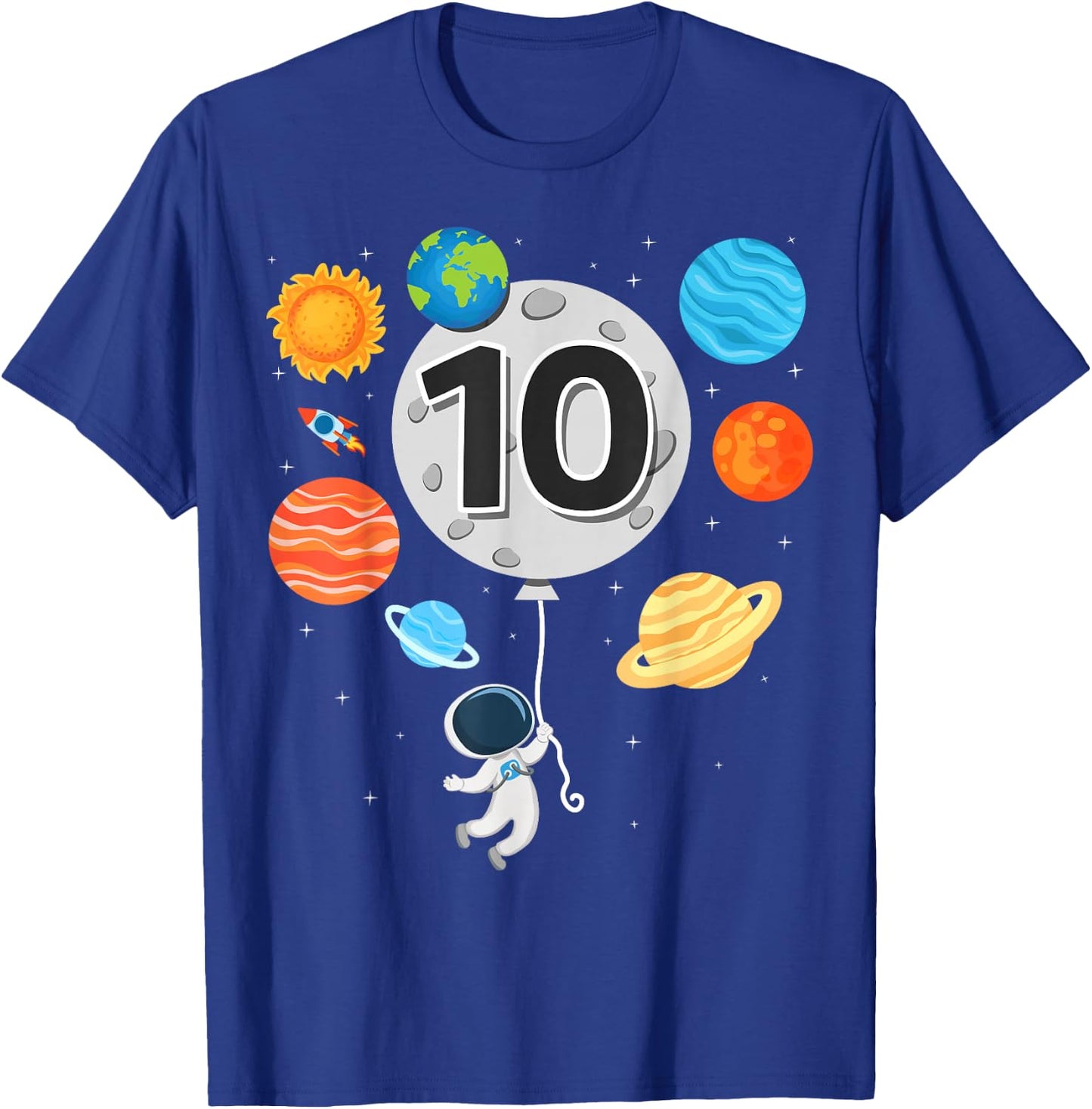 10th Birthday Astronaut Balloon Planet 10 Year Old Boy T-Shirt - T-Shirt | Royal