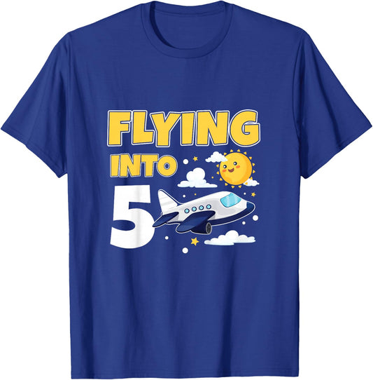 Flying Into 5 Airplane Pilot 5 Year Old 5th Birthday T-Shirt - T-Shirt | Royal