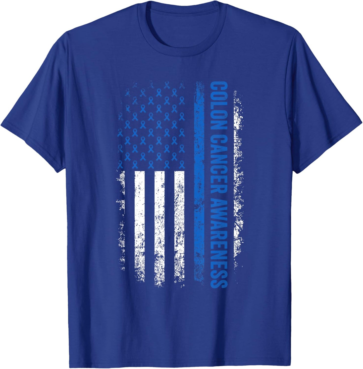 Colon Cancer Awareness Blue Ribbon US American Flag T-Shirt - T-Shirt | Royal
