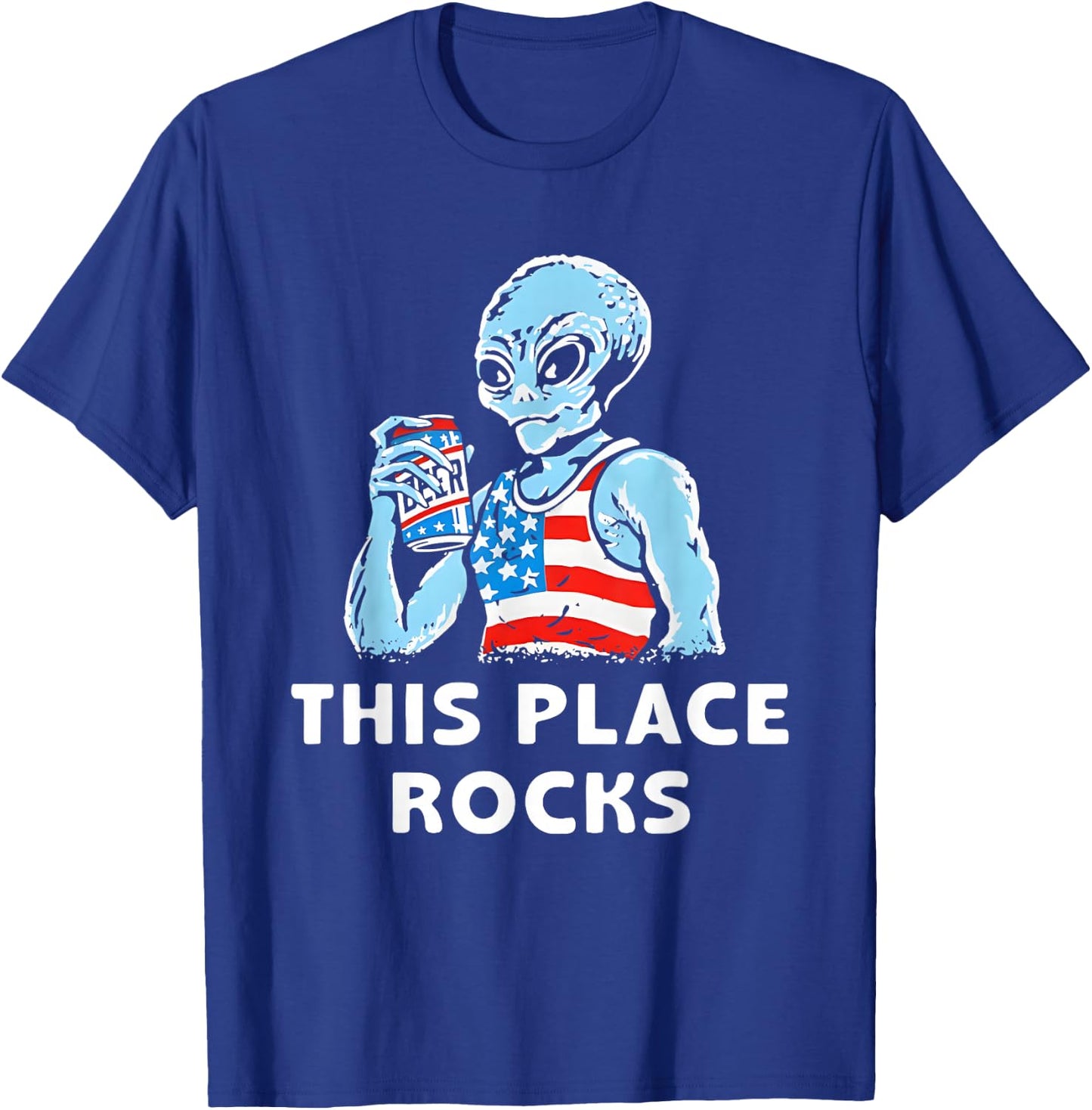 This Place Rocks Blue Alien Wearing an American Flag T-Shirt - T-Shirt | Royal
