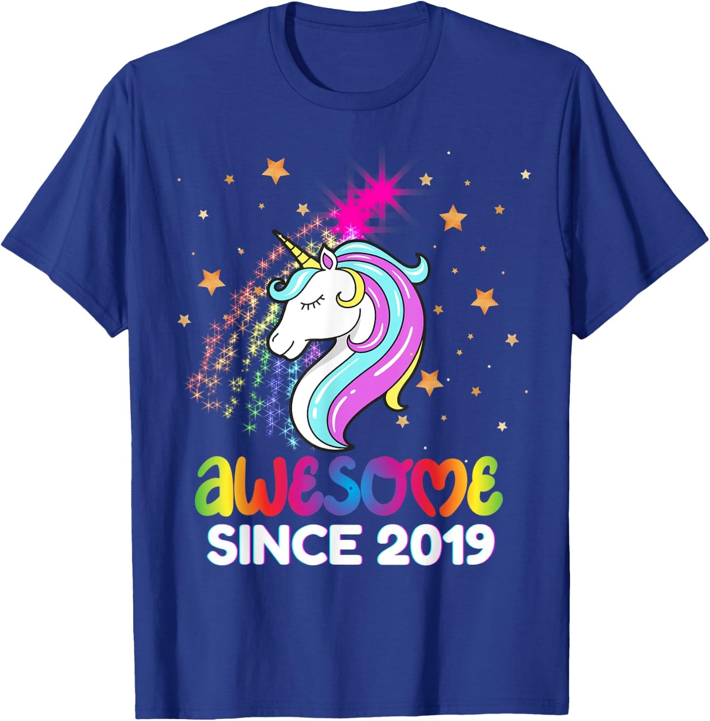 Fourth 5th Birthday Awesome Since 2019 Rainbows and Unicorn T-Shirt - T-Shirt | Royal
