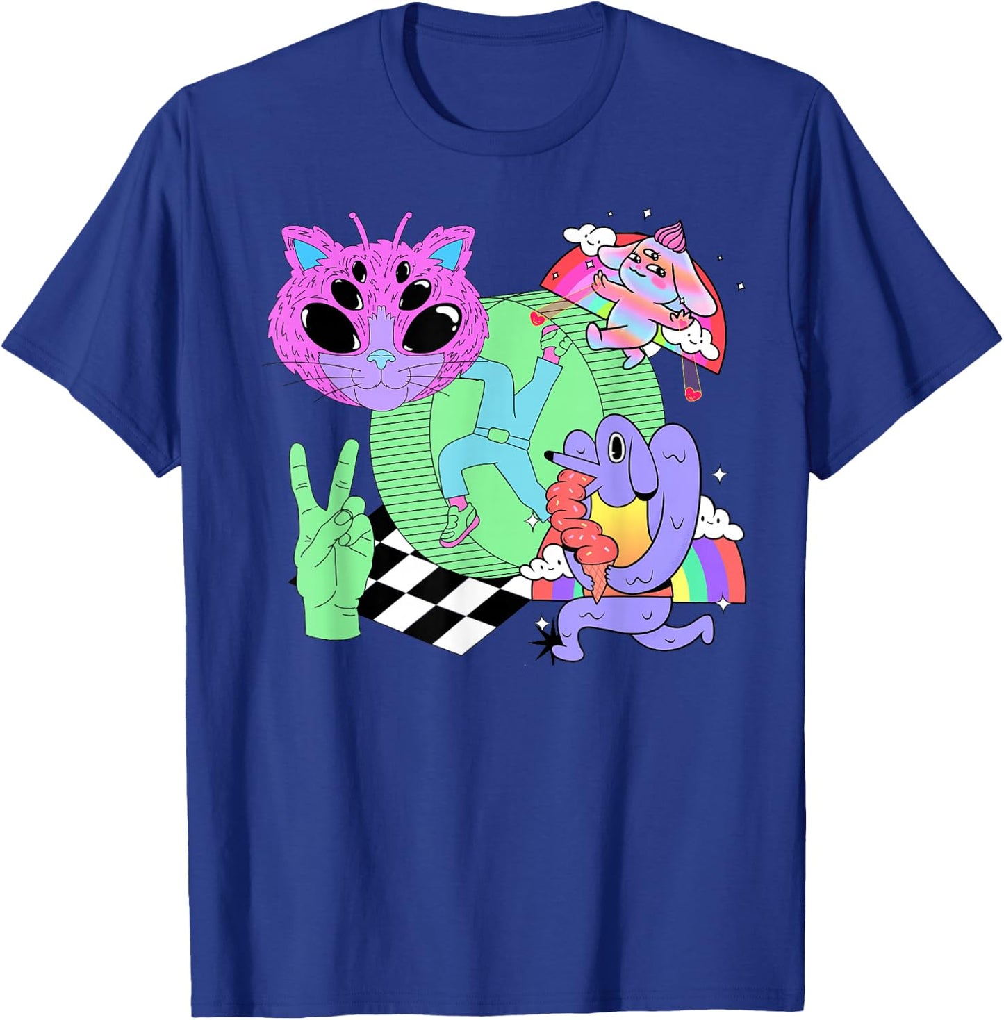 Weirdcore Aesthetic Bright Colorful Checker Print Trippy T-Shirt - T-Shirt | Royal