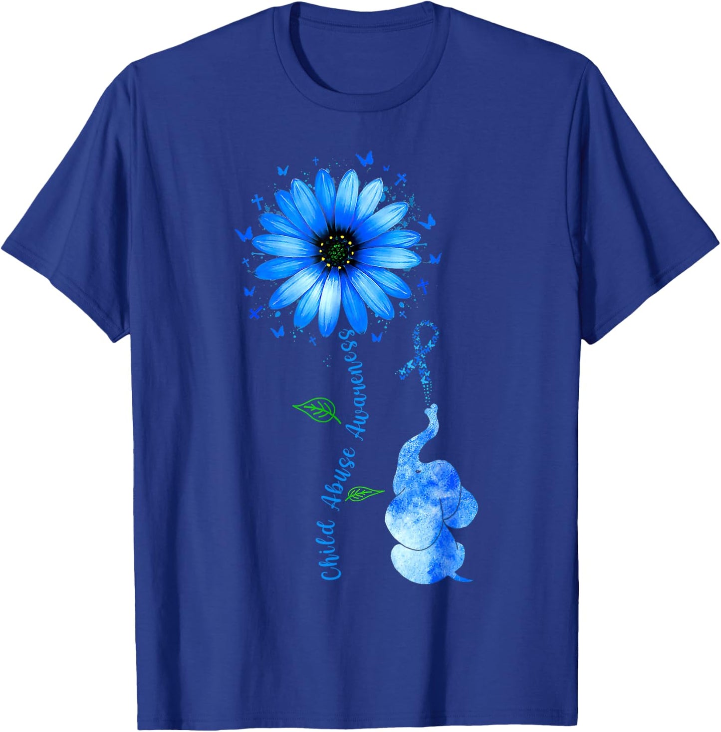 Child Abuse Awareness Sunflower Light Blue Ribbon Elephant T-Shirt - T-Shirt | Royal