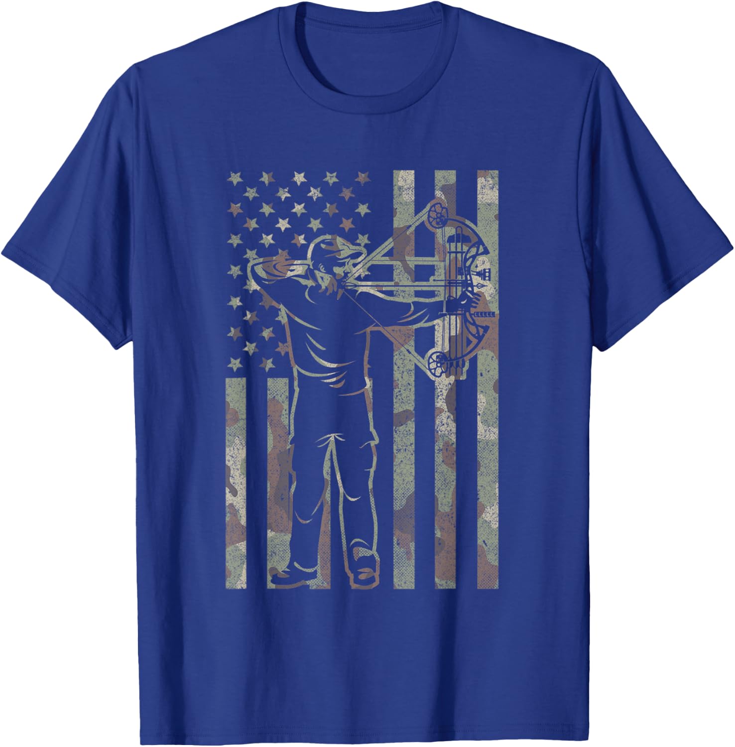 Archery Bow Hunter Deer Bow Hunting Vintage Camo US Flag T-Shirt - T-Shirt | Royal