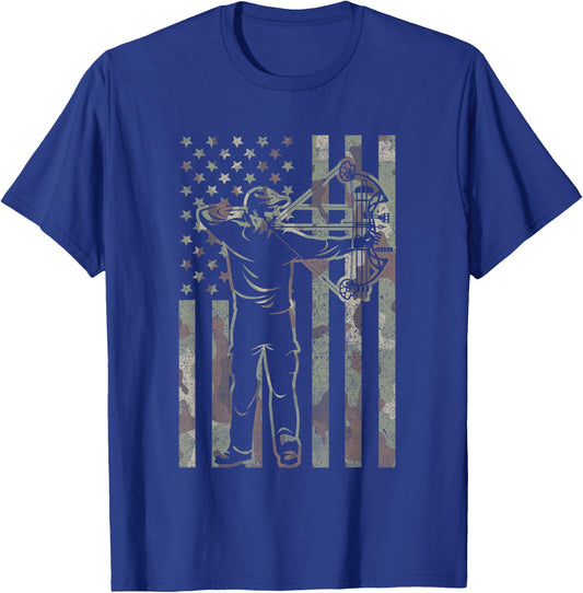 Archery Bow Hunter Deer Bow Hunting Vintage Camo US Flag T-Shirt - T-Shirt | Royal
