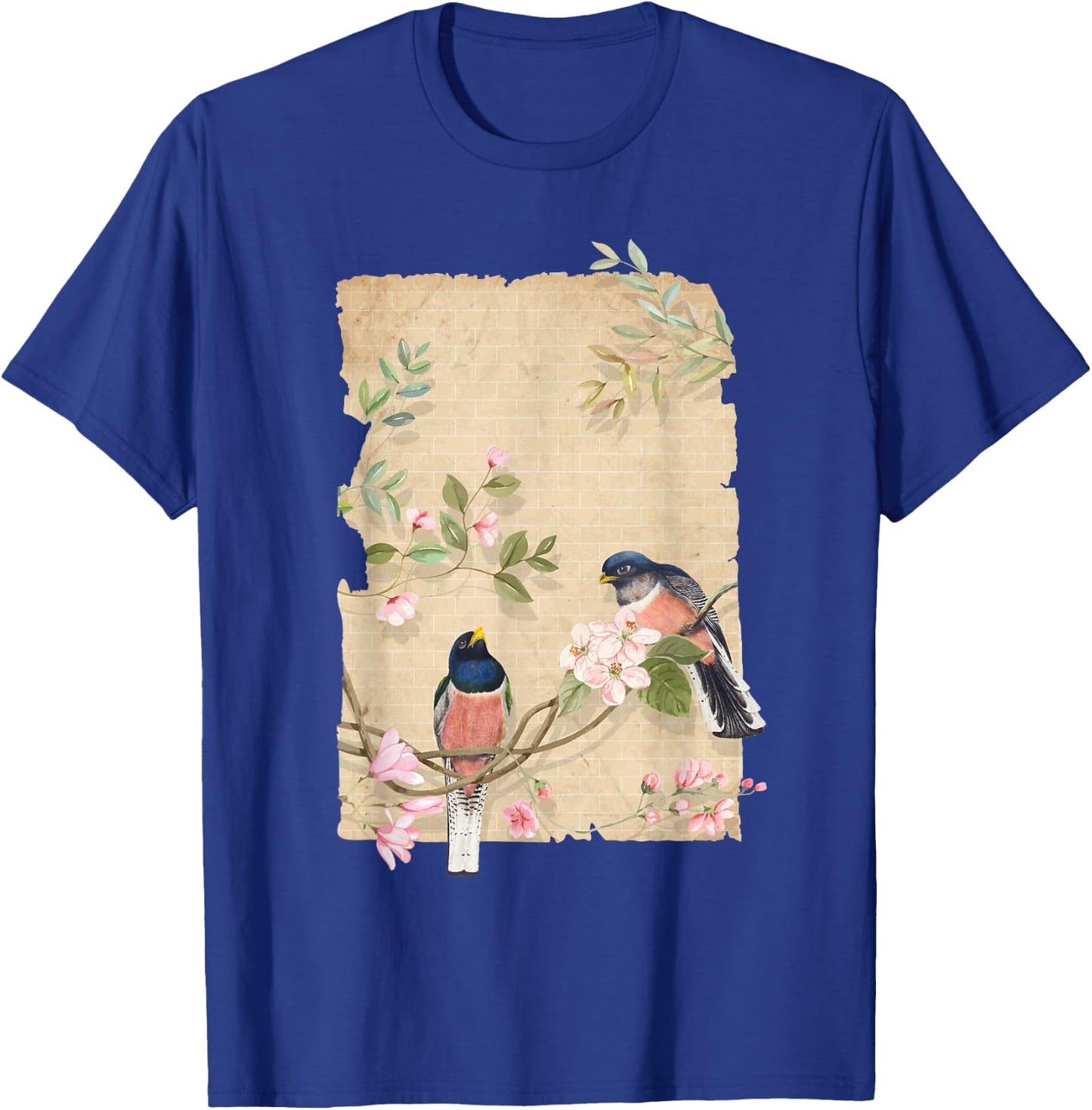 Bird and Flowers Art Japanese Woodblock Inspired Birds T-Shirt - T-Shirt | Royal