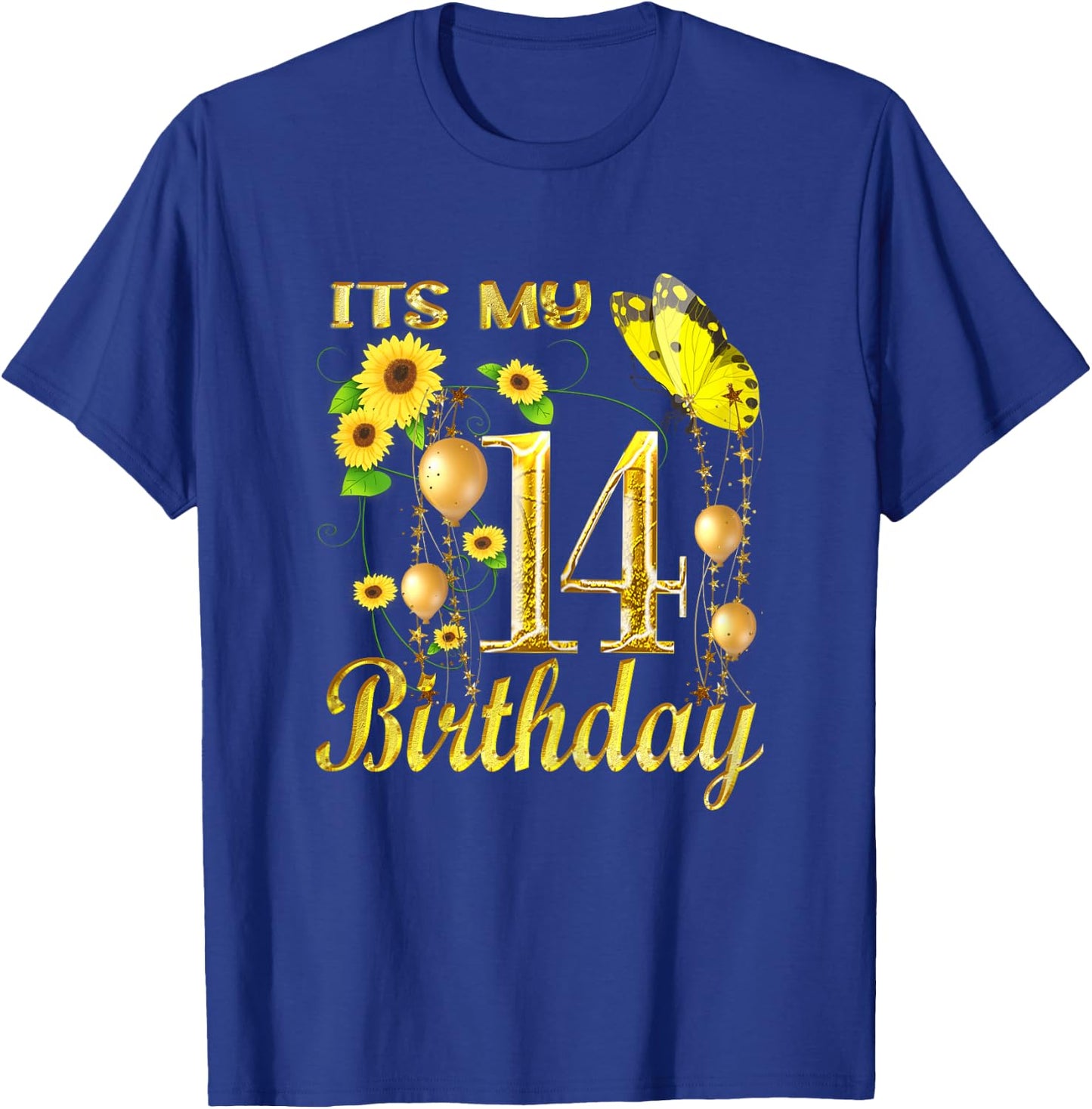 Its My 14th Birthday 14 Year Old Girl Sunflower Butterfly T-Shirt - T-Shirt | Royal