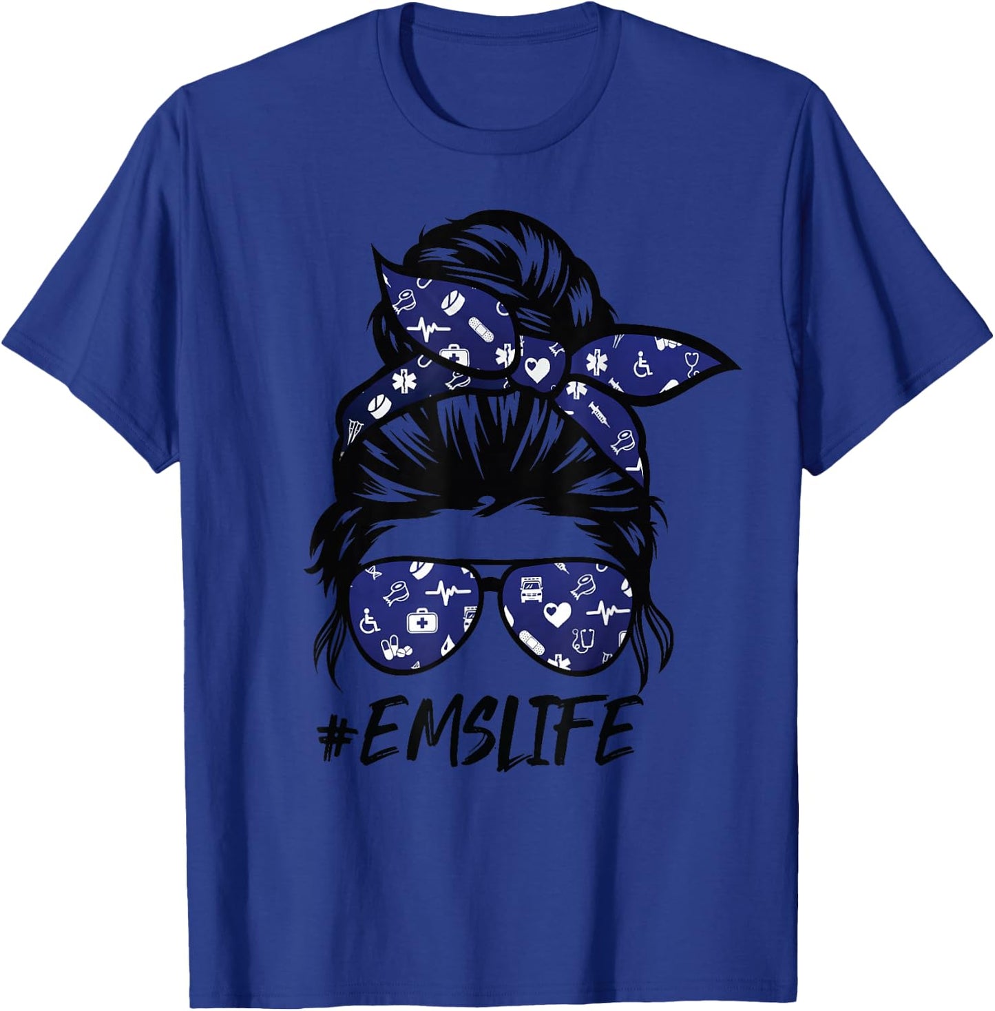 Funny EMS-Life Messy Bun Hair Glasses T-Shirt - T-Shirt | Royal