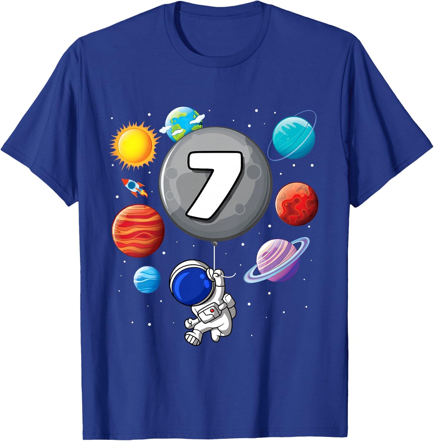 7th Birthday Astronaut Balloon Planet 7 Year Old Boy T-Shirt - T-Shirt | Royal