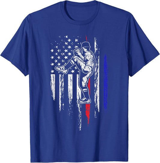 Baseball American Flag Pitcher USA Pitching 4th of July Gift T-Shirt - T-Shirt | Royal