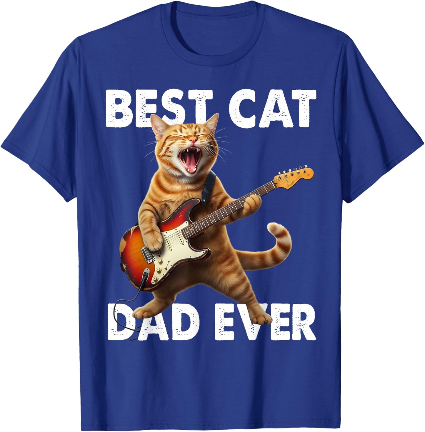 Best Cat Dad Ever Cat Playing Guitar Rock Star Rock and Roll T-Shirt - T-Shirt | Royal