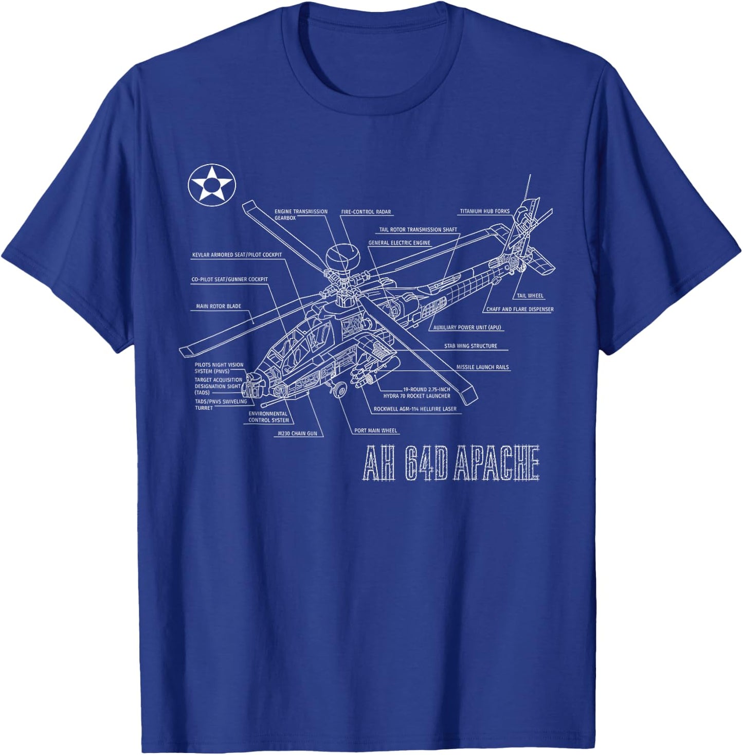 Military Aircraft AH-64 Apache Longbow Army Helicopter T-Shirt - T-Shirt | Royal