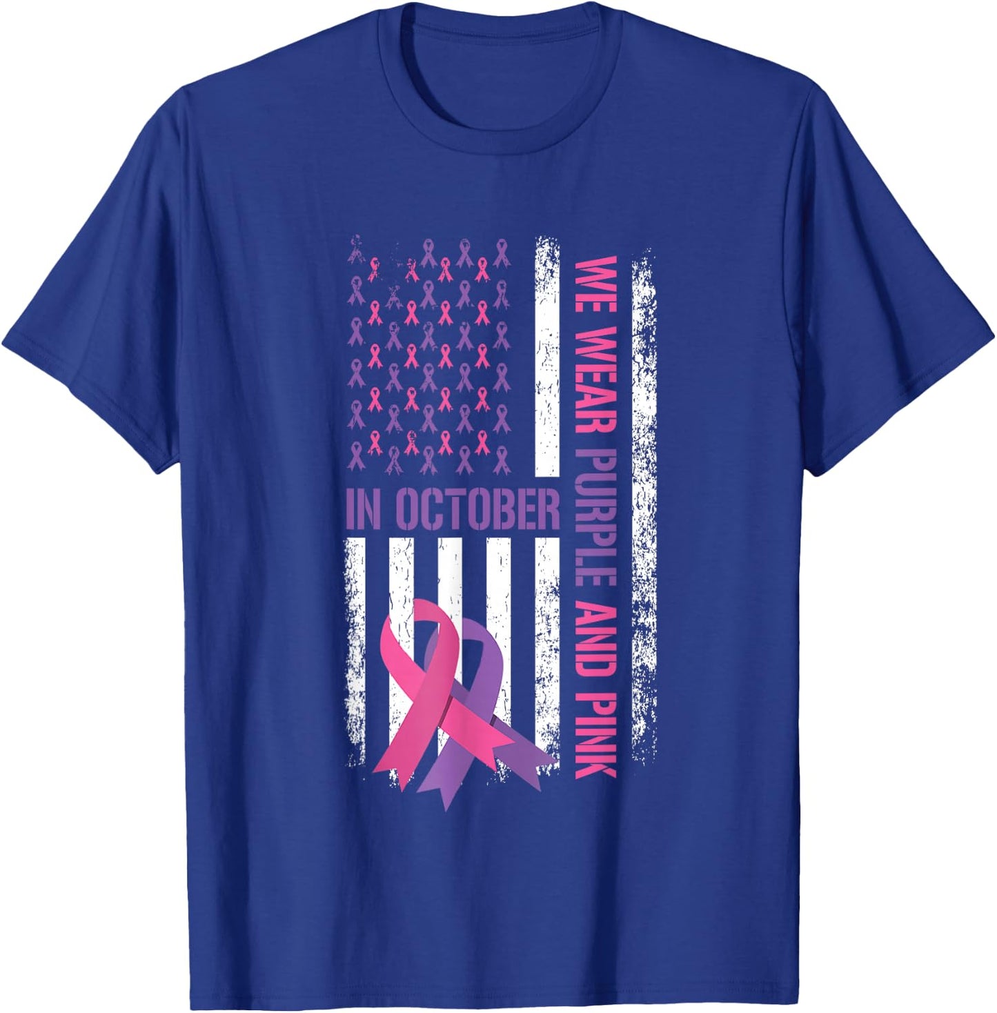 US Flag Breast Cancer and Domestic Violence Awareness T-Shirt - T-Shirt | Royal
