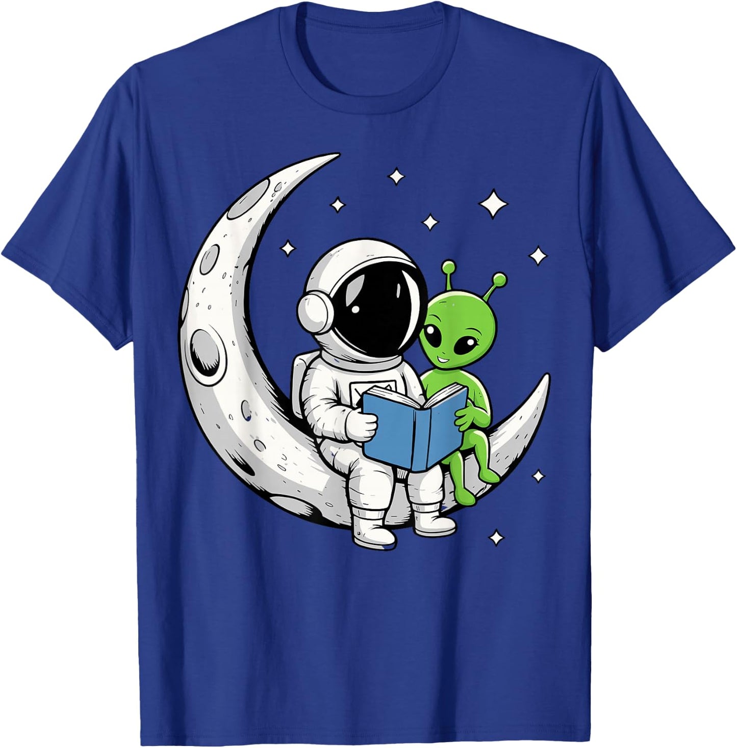 Astronaut Alien Reading Book Moon Space T-Shirt - T-Shirt | Royal