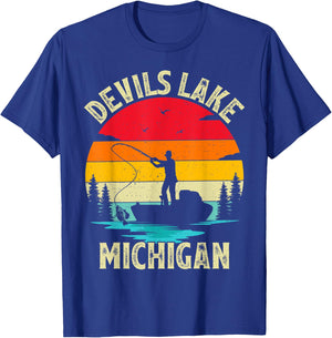 Summer Vacation Fishing Vintage Retro Michigan Devils Lake Women Kids T-Shirt - T-Shirt | Royal