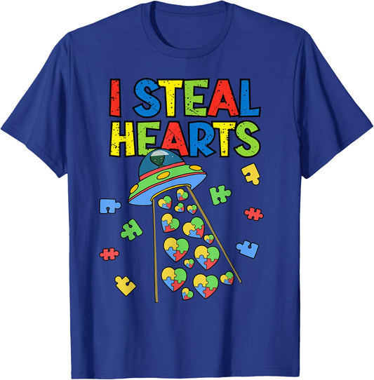 I Steal Hearts Puzzle Autism Awareness Cute Aliens Lover UFO T-Shirt - T-Shirt | Royal