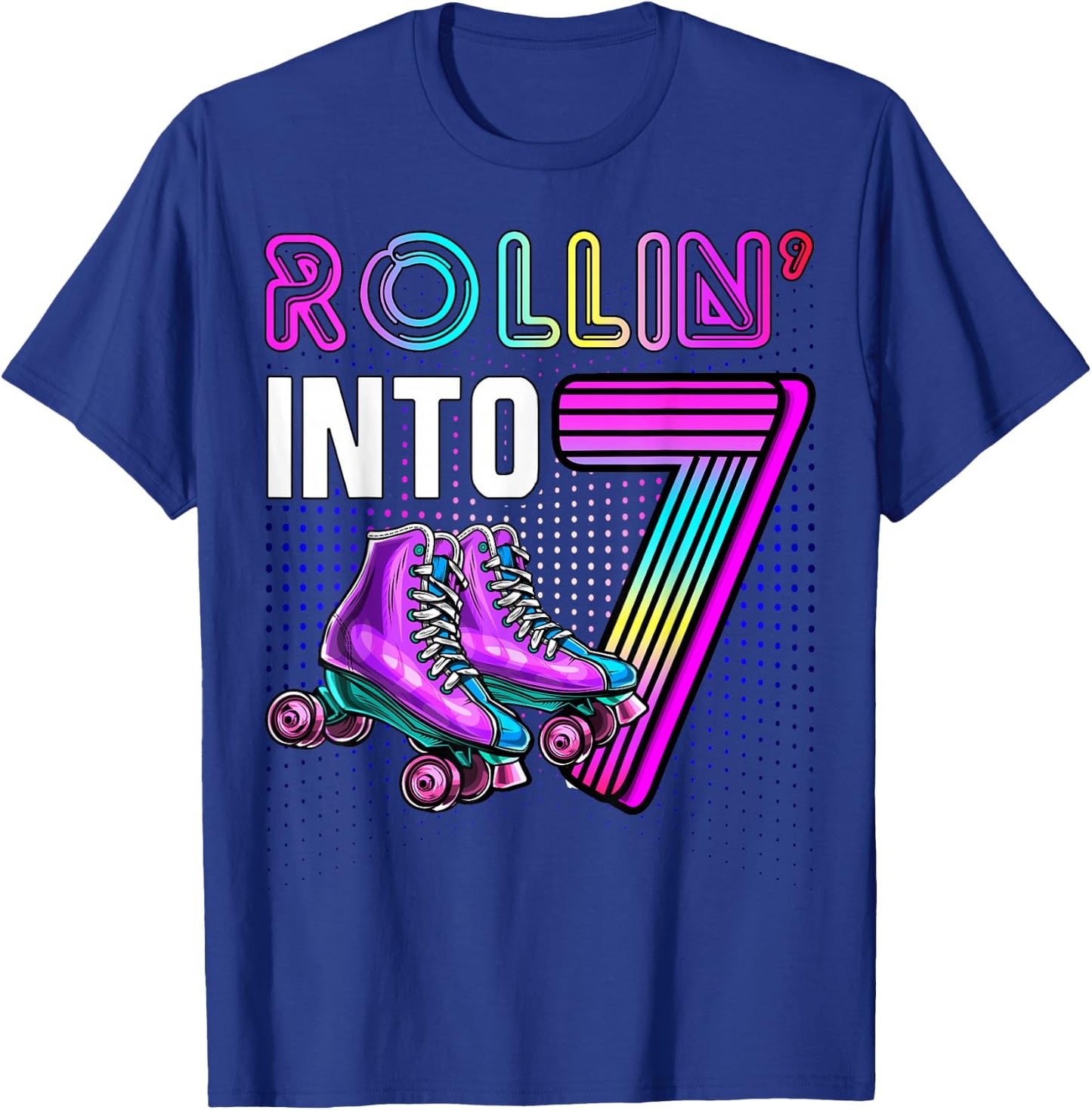 Rollin' into 7 Roller Skating Rink 7th Birthday Party Girls T-Shirt - T-Shirt | Royal