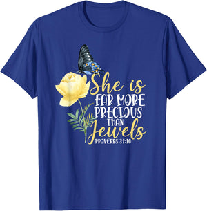 Christian Bible Verse Butterfly Rose Flower Proverbs 31:10 T-Shirt - T-Shirt | Royal